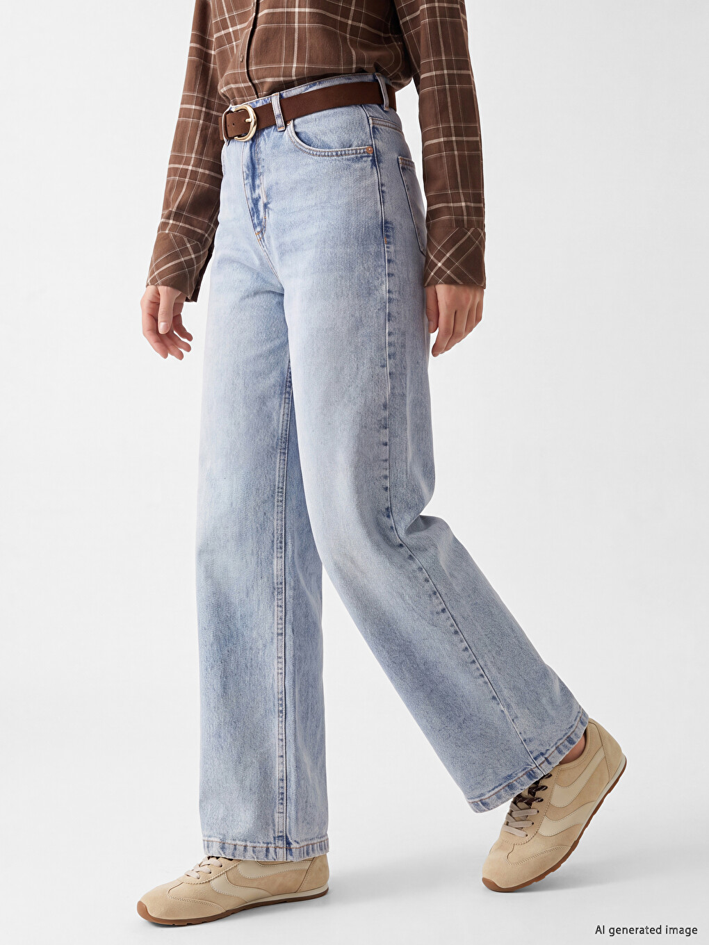 İndigo Beli Kemerli Wideleg Kadın Jean Pantolon-1