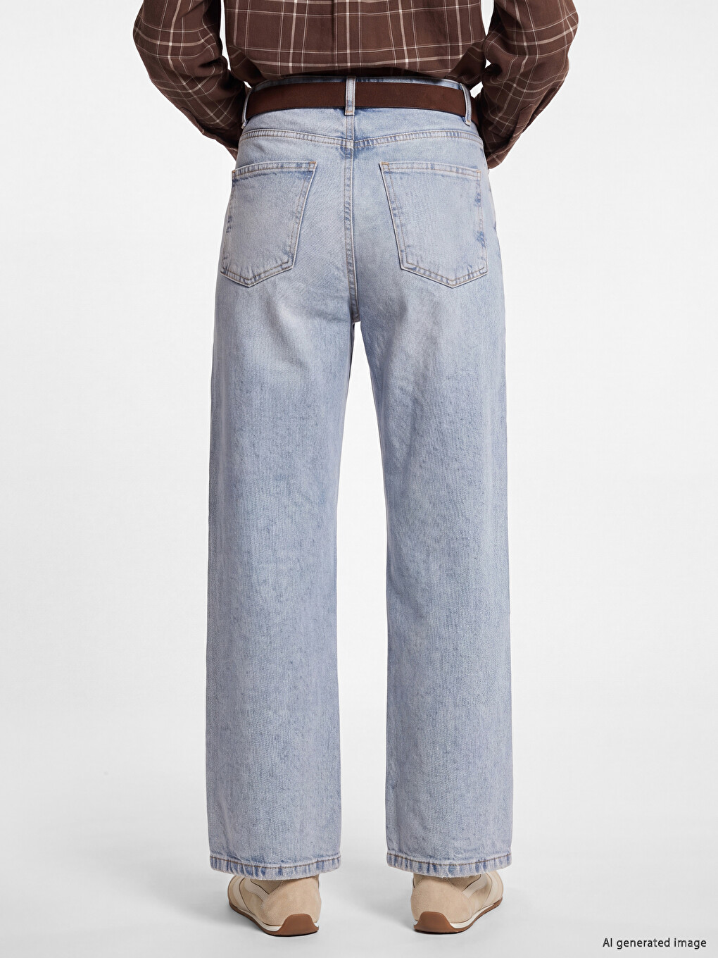 İndigo Beli Kemerli Wideleg Kadın Jean Pantolon-3