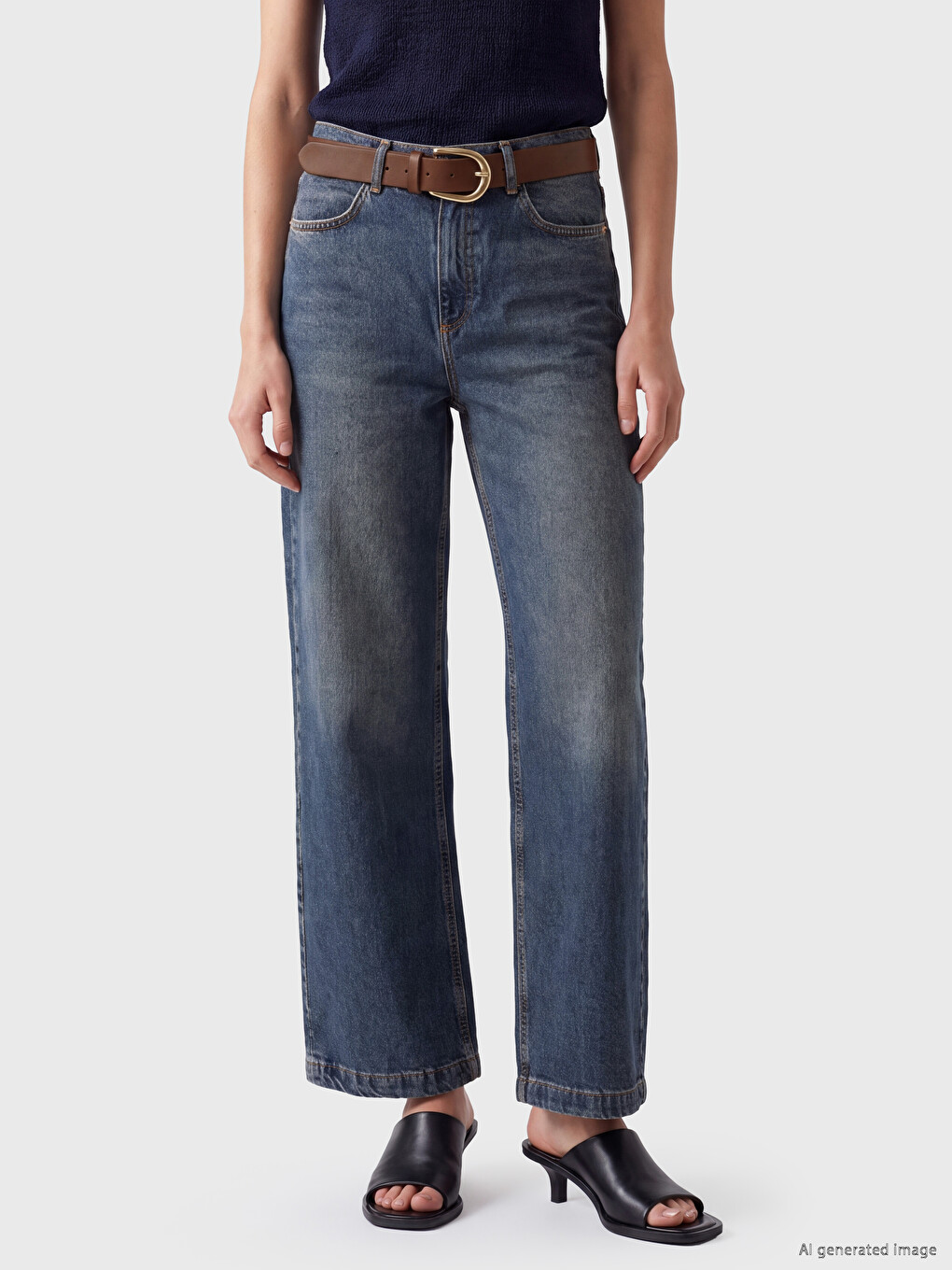 İndigo Beli Kemerli Culotte Fit Kadın Jean Pantolon-2