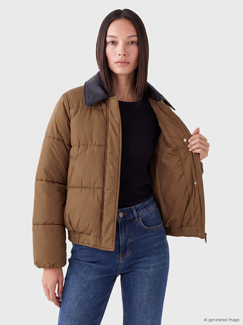 Leather Shirt Collar Women's Puffer Coat-3