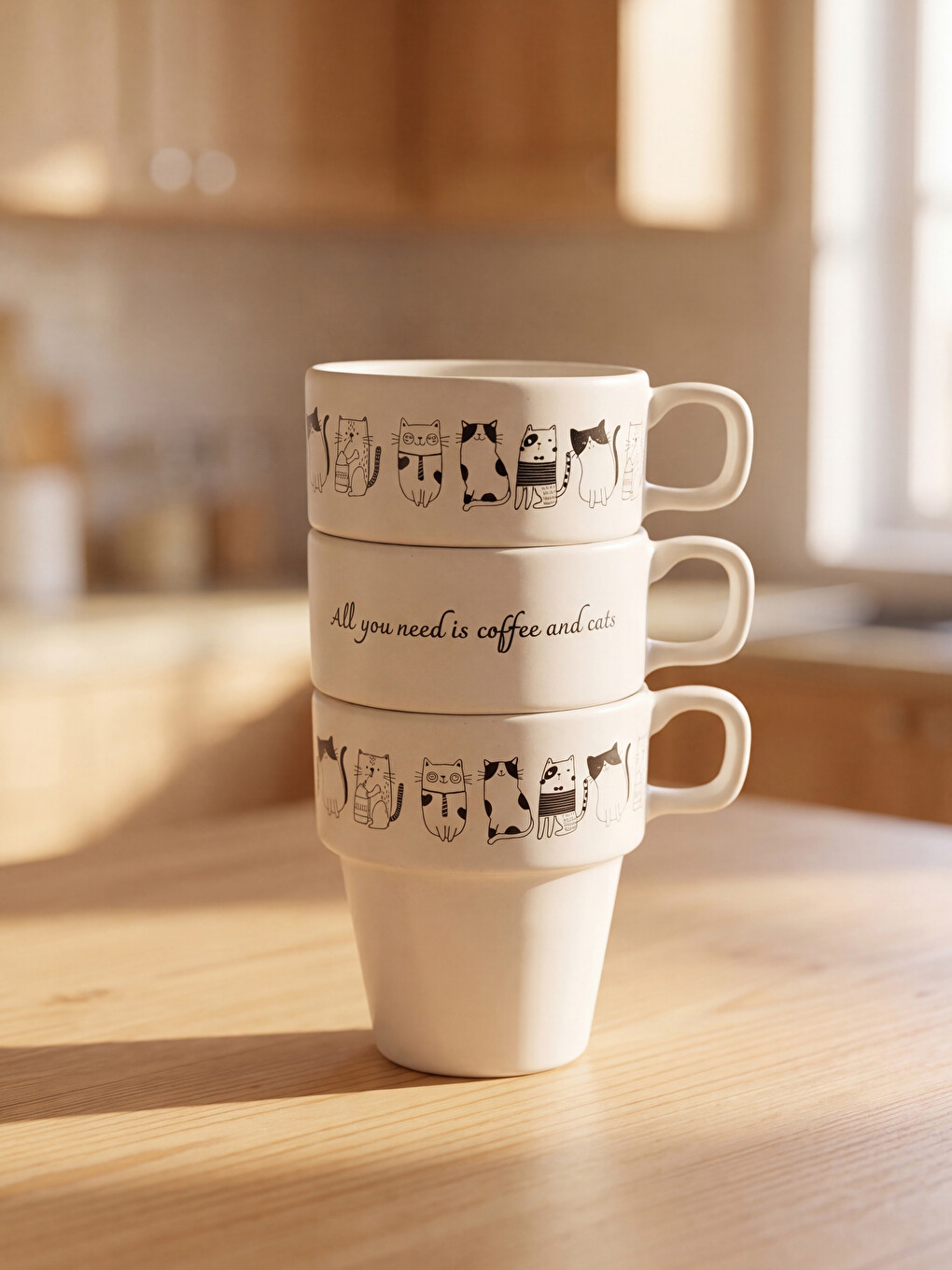 Cat And Slogan Printed Mug Set 3-piece 280 Ml