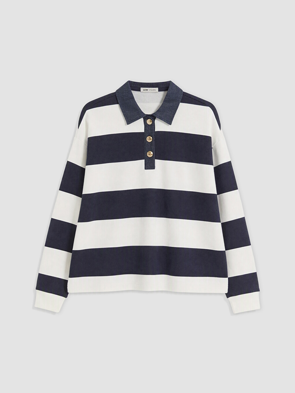 Beyaz Polo Yaka Çizgili Kadın Sweatshirt-4