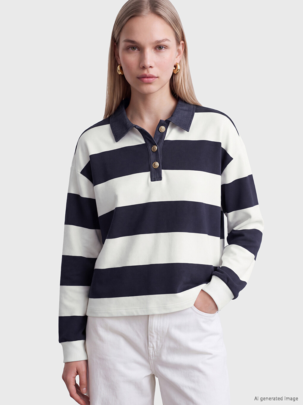 Beyaz Polo Yaka Çizgili Kadın Sweatshirt