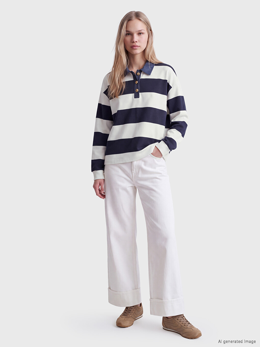 Beyaz Polo Yaka Çizgili Kadın Sweatshirt-1