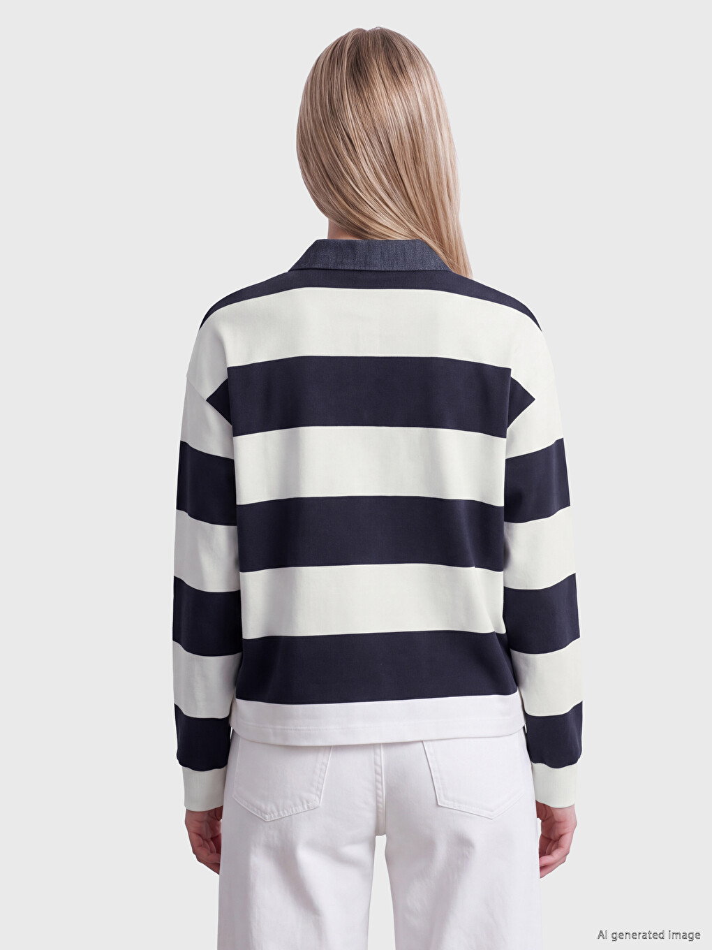 Beyaz Polo Yaka Çizgili Kadın Sweatshirt-3