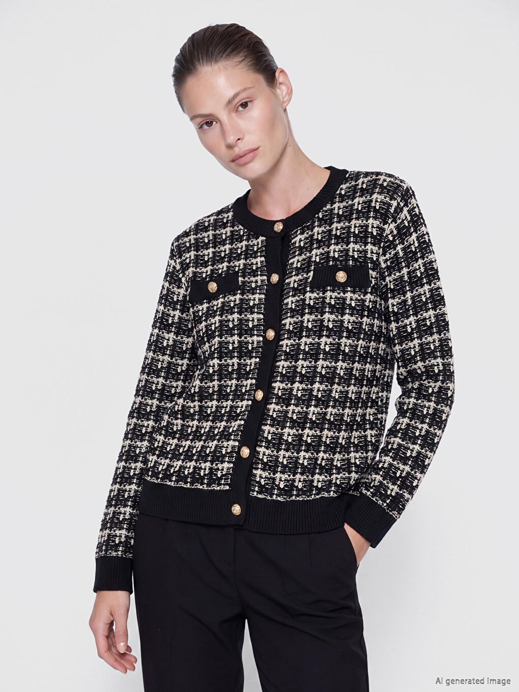 Crew Neck Plaid Women's Knitwear Cardigan