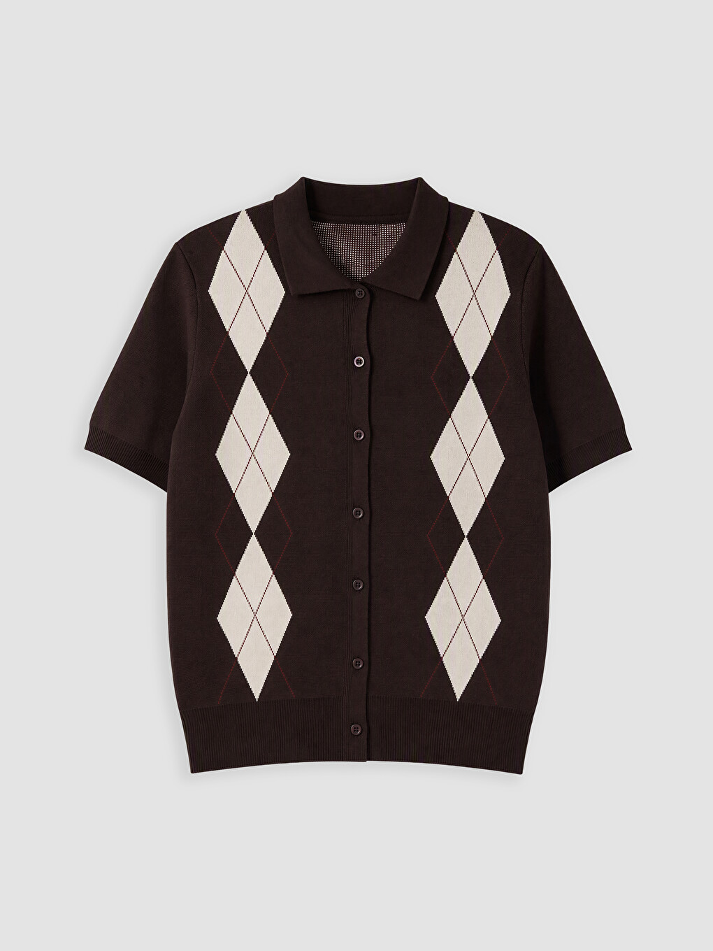 Polo Collar Argyle Patterned Women's Cardigan