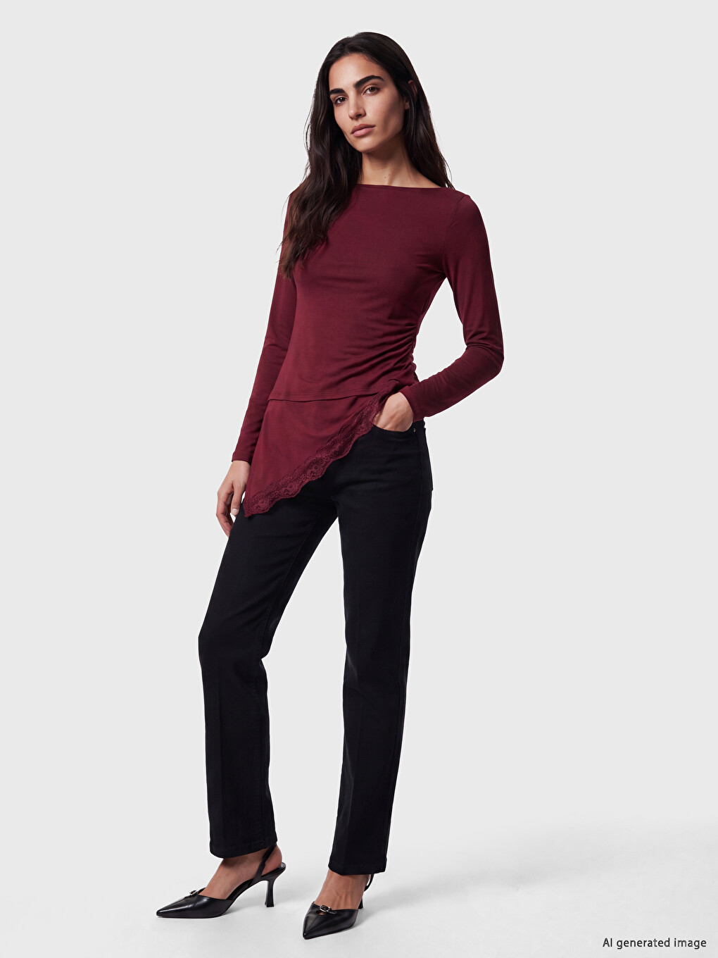 Bordo Dantel Detaylı Asimetrik Kesim Bluz-1