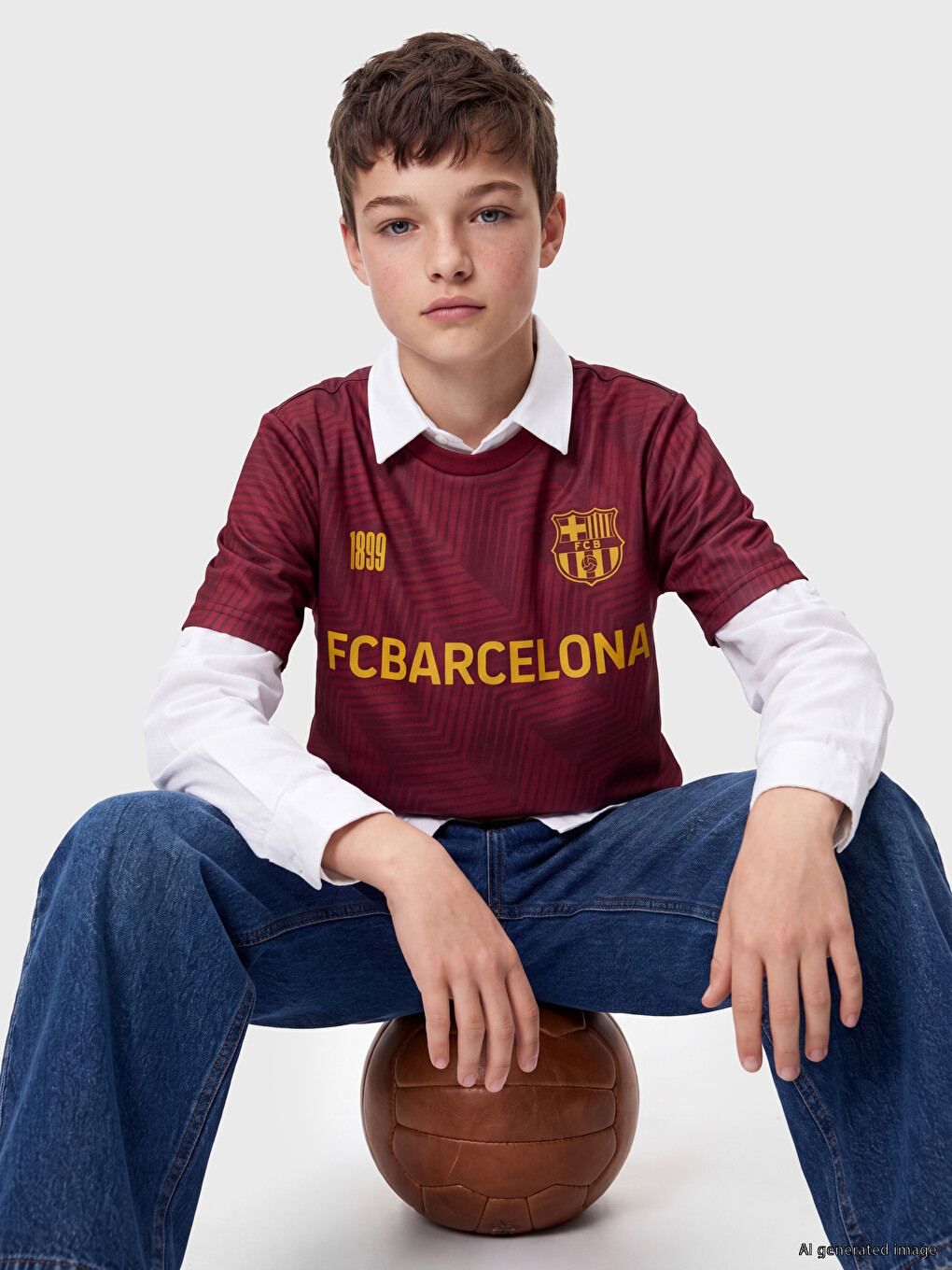 Crew Neck Fc Barcelona Printed Boys' T-shirt