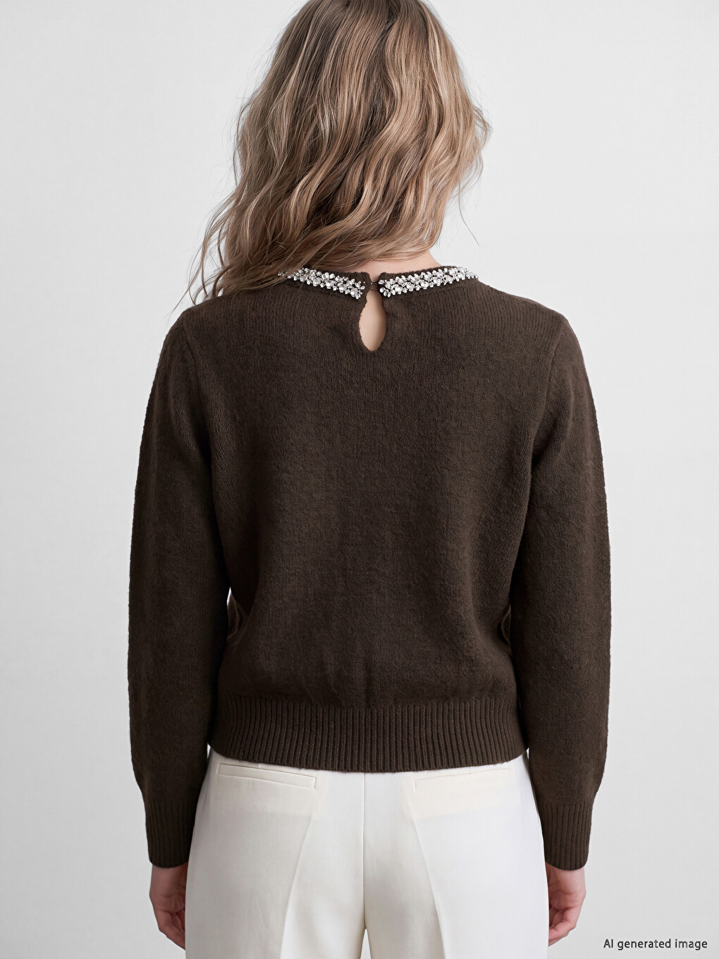 Crew Neck Rhinestone Embellished Women's Knitwear Sweater-3