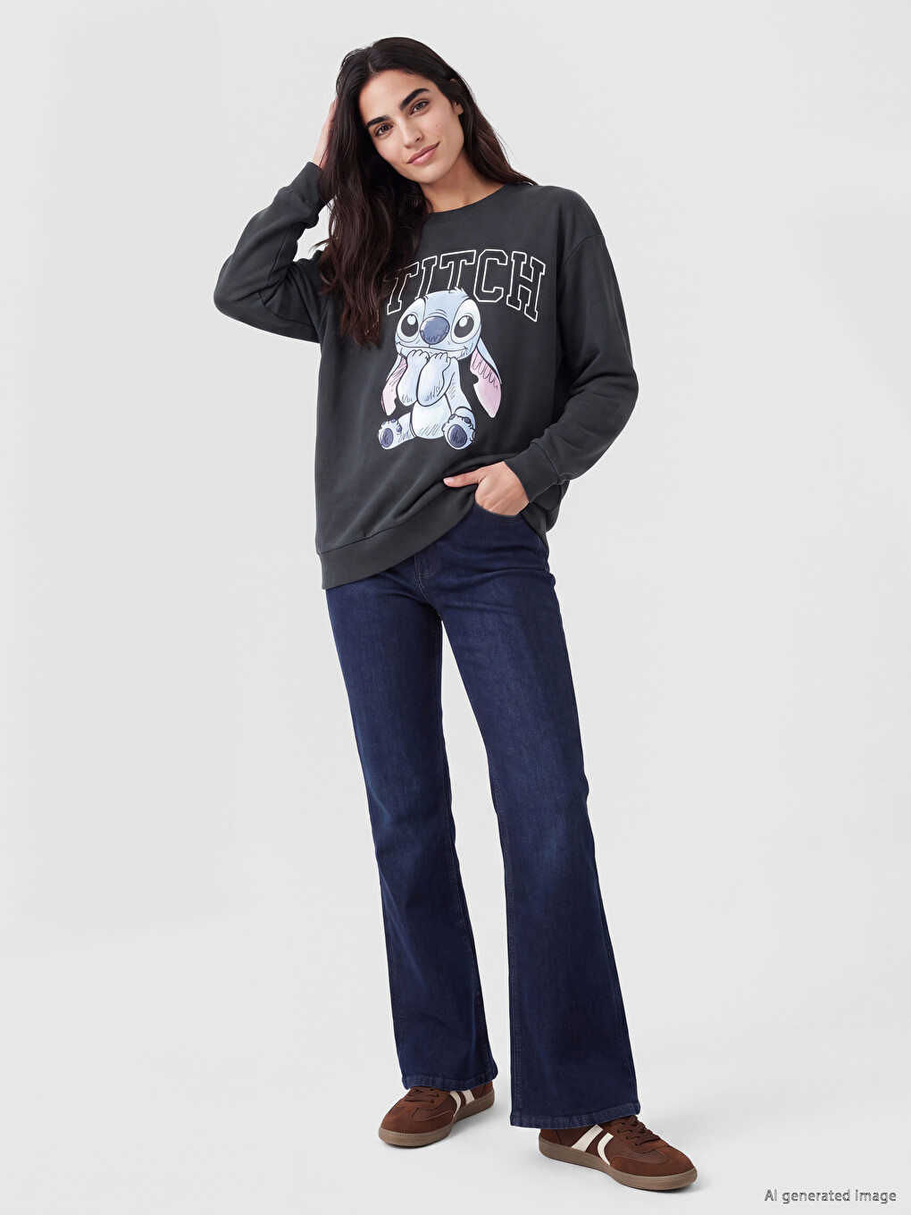 Antrasit Stitch Baskılı Oversize Kadın Sweatshirt-1