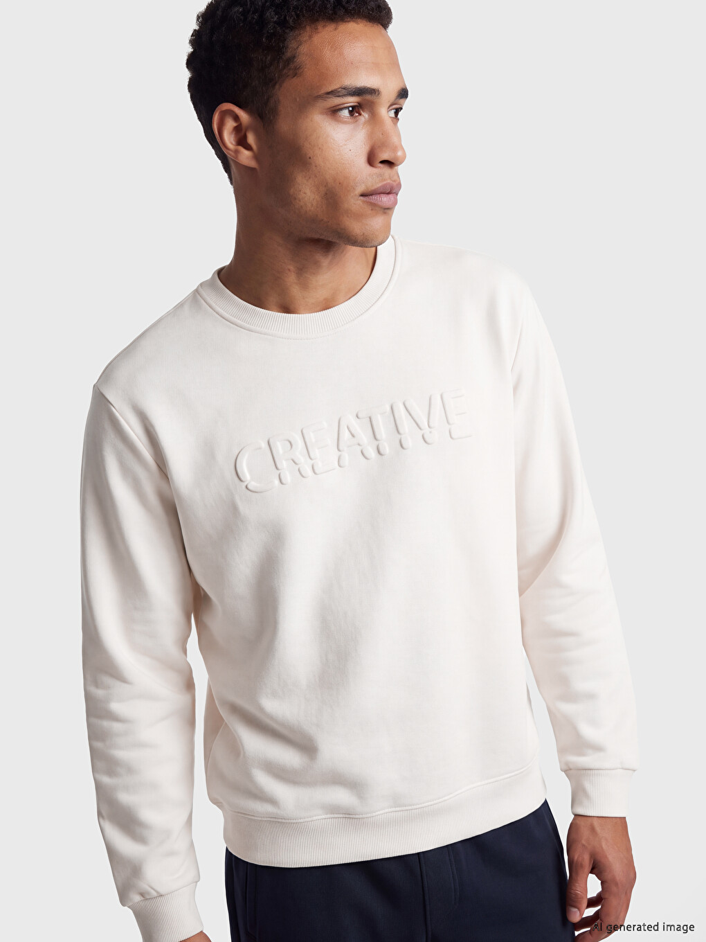 Gri Bisiklet Yaka Baskılı Erkek Kalın Sweatshirt