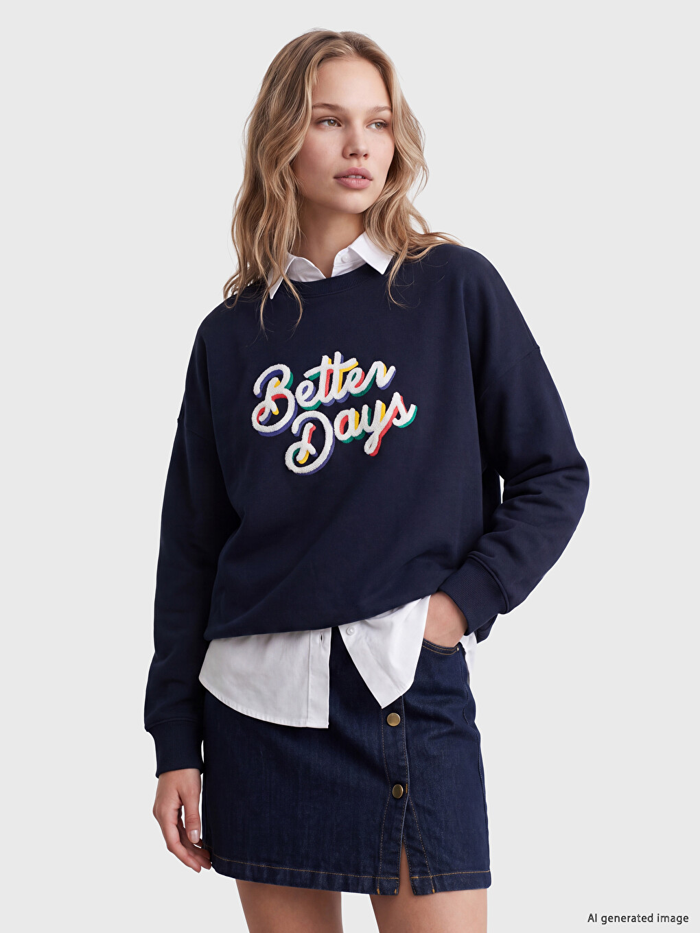 Crew Neck Embroidered Women's Thick Sweatshirt