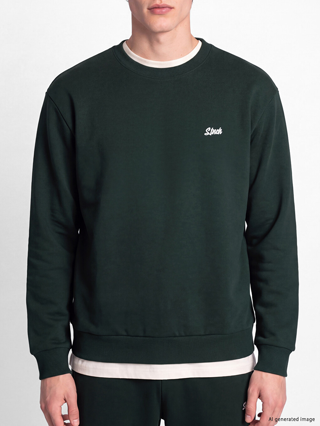 Yeşil Bisiklet Yaka Nakışlı Erkek Sweatshirt-1