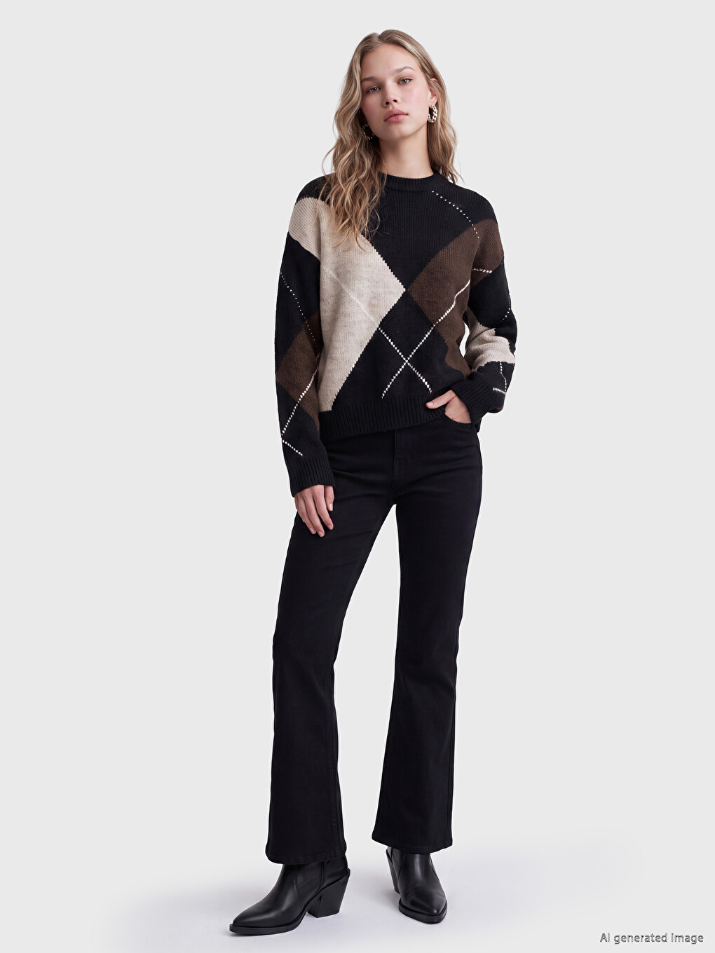 Crew Neck Argyle Patterned Women's Knitwear Sweater-1