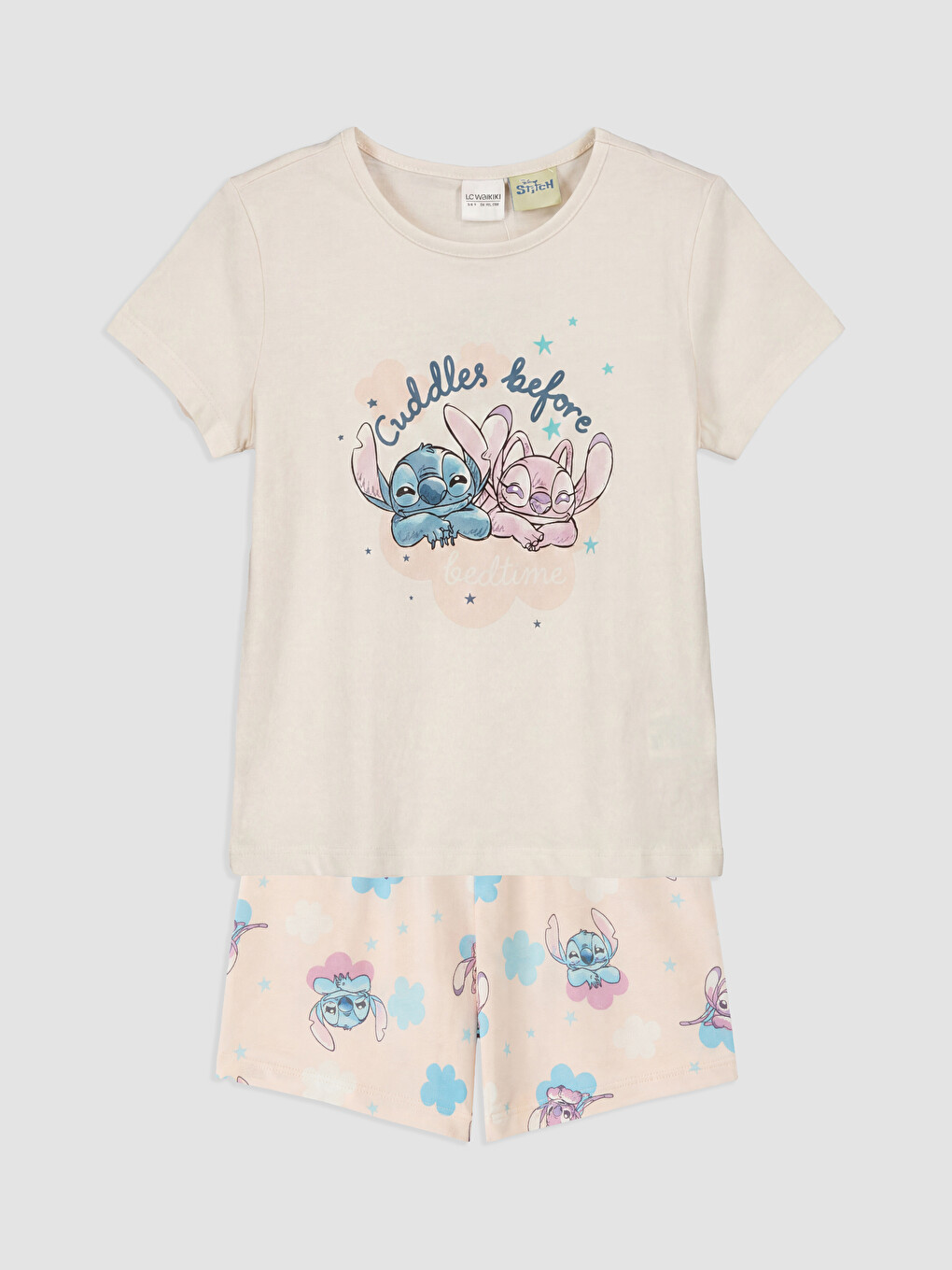 Ekru Stitch Baskılı Kız Çocuk Şortlu Pijama Takımı