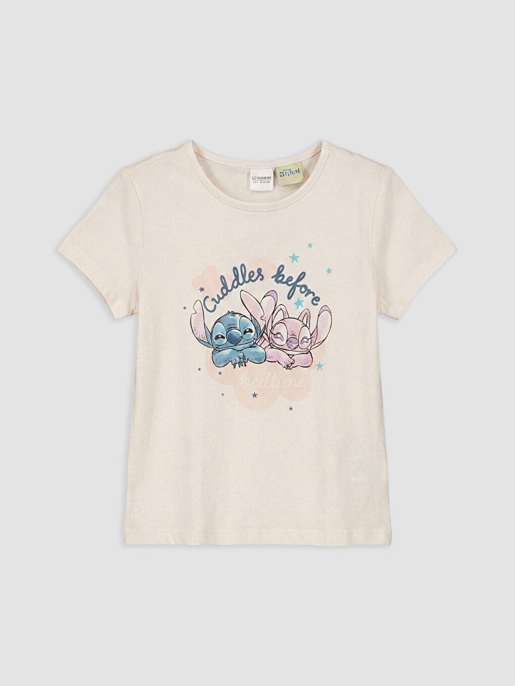 Ekru Stitch Baskılı Kız Çocuk Şortlu Pijama Takımı-1