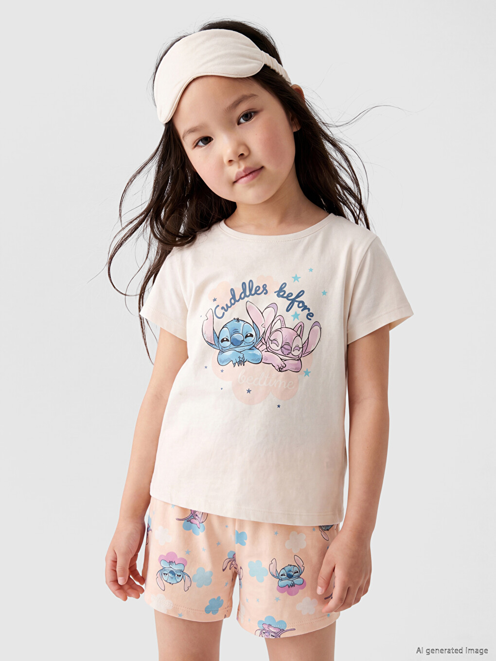 Ekru Stitch Baskılı Kız Çocuk Şortlu Pijama Takımı
