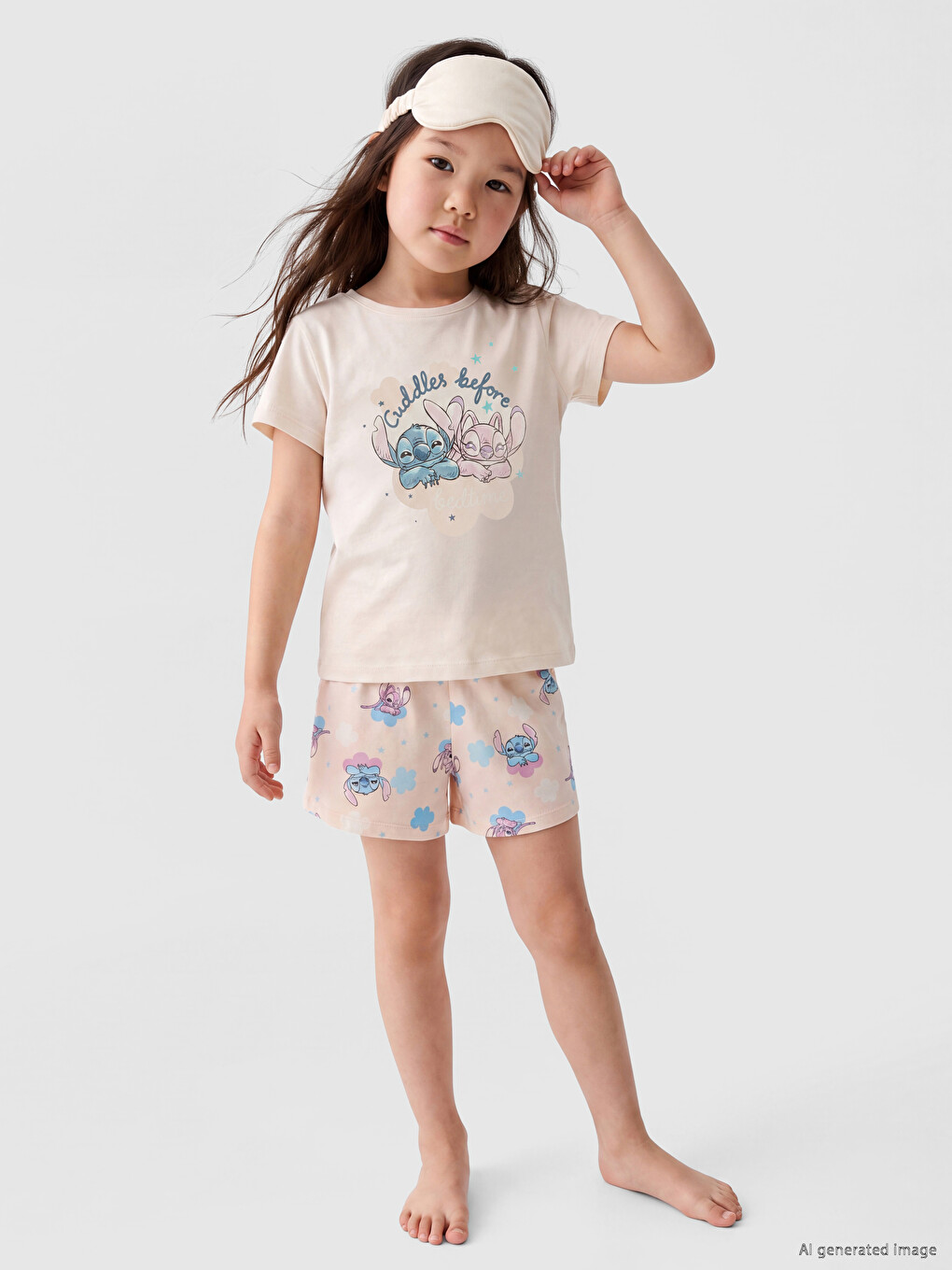Ekru Stitch Baskılı Kız Çocuk Şortlu Pijama Takımı-1