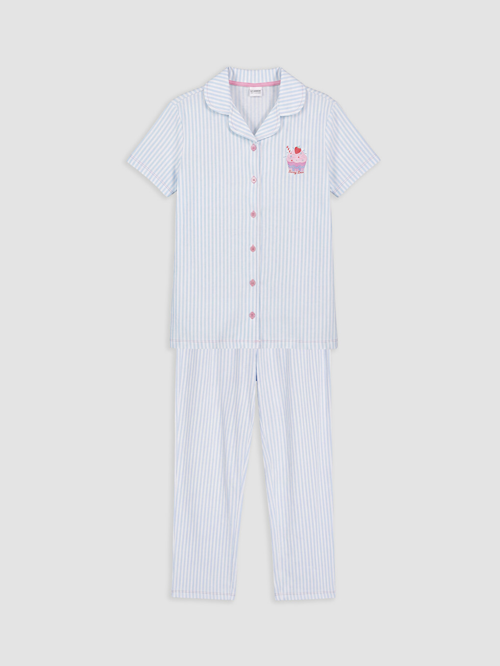 Beyaz Gömlek Yaka Çizgili Kız Çocuk Pijama Takımı