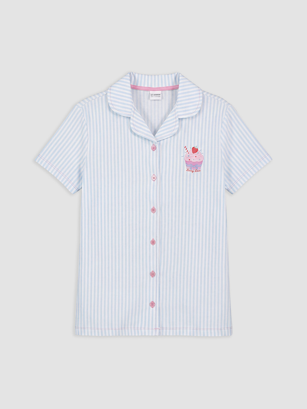 Beyaz Gömlek Yaka Çizgili Kız Çocuk Pijama Takımı-1