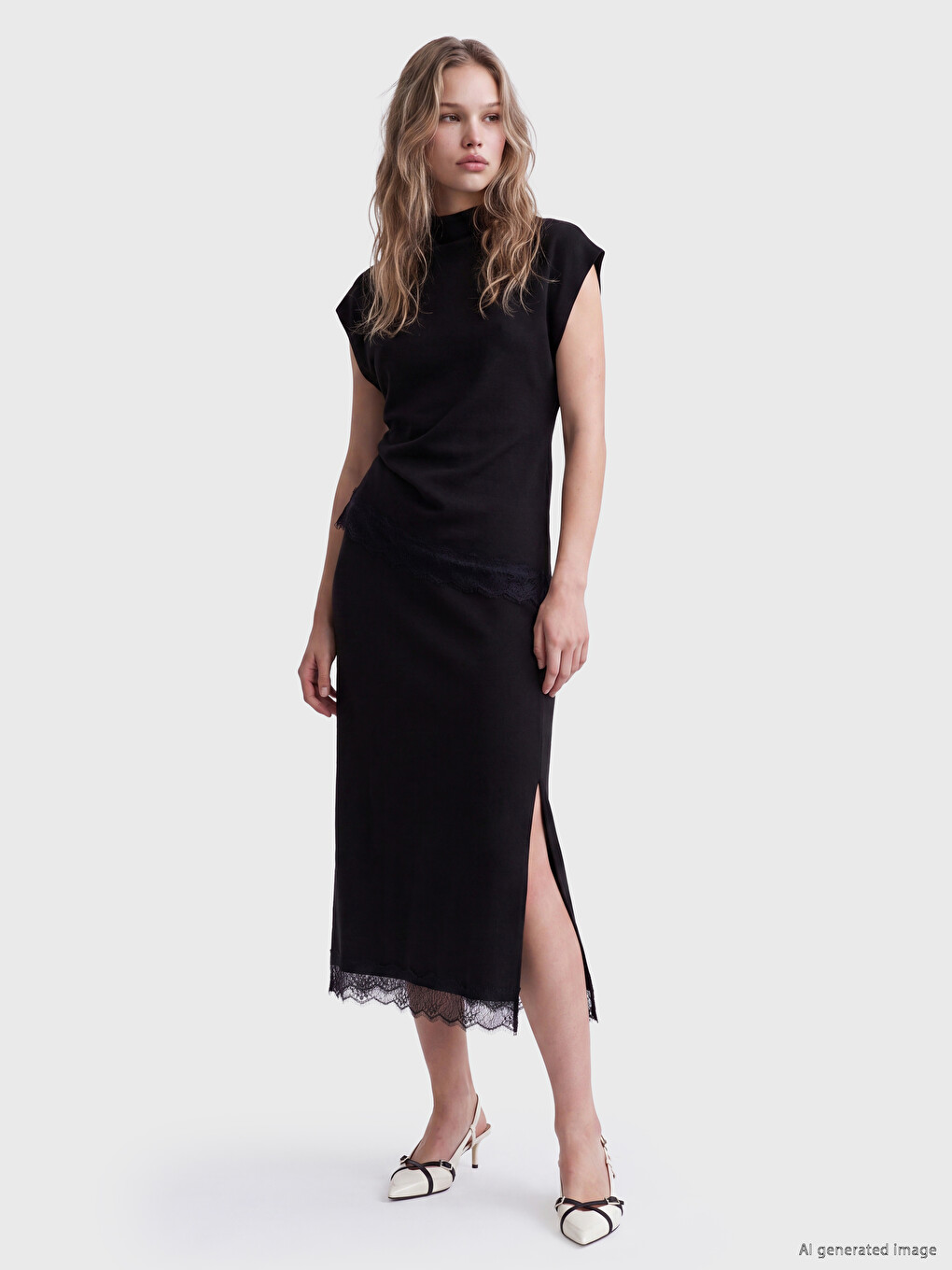 Elastic Waist Lace Detailed Slit Skirt