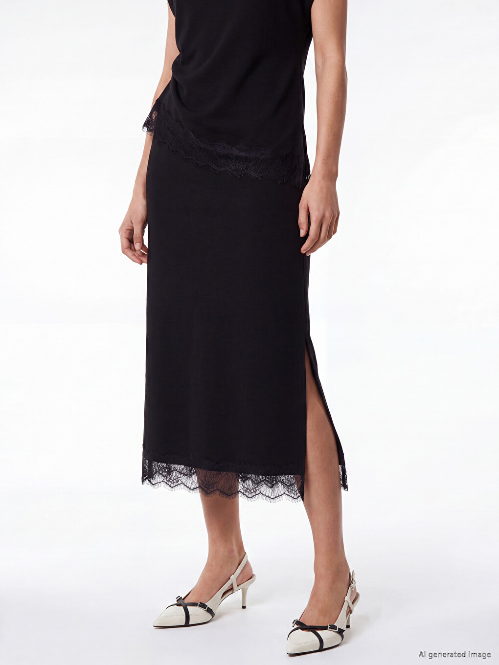 Elastic Waist Lace Detailed Slit Skirt-1