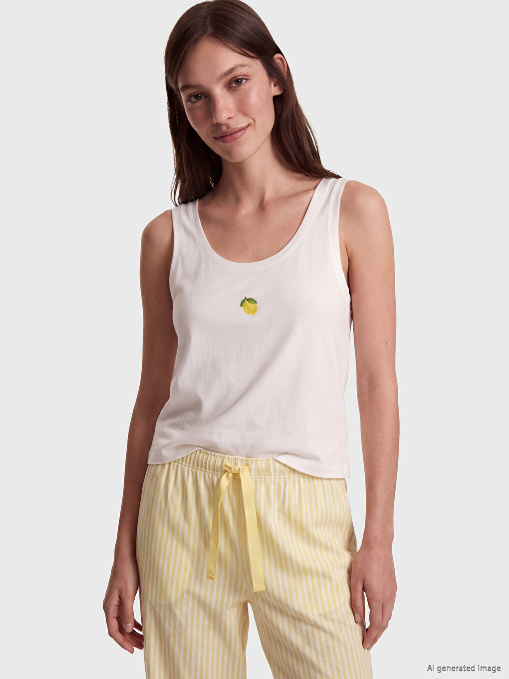 LCW DREAM Ekru U Yaka Nakışlı Kadın Pijama Üstü