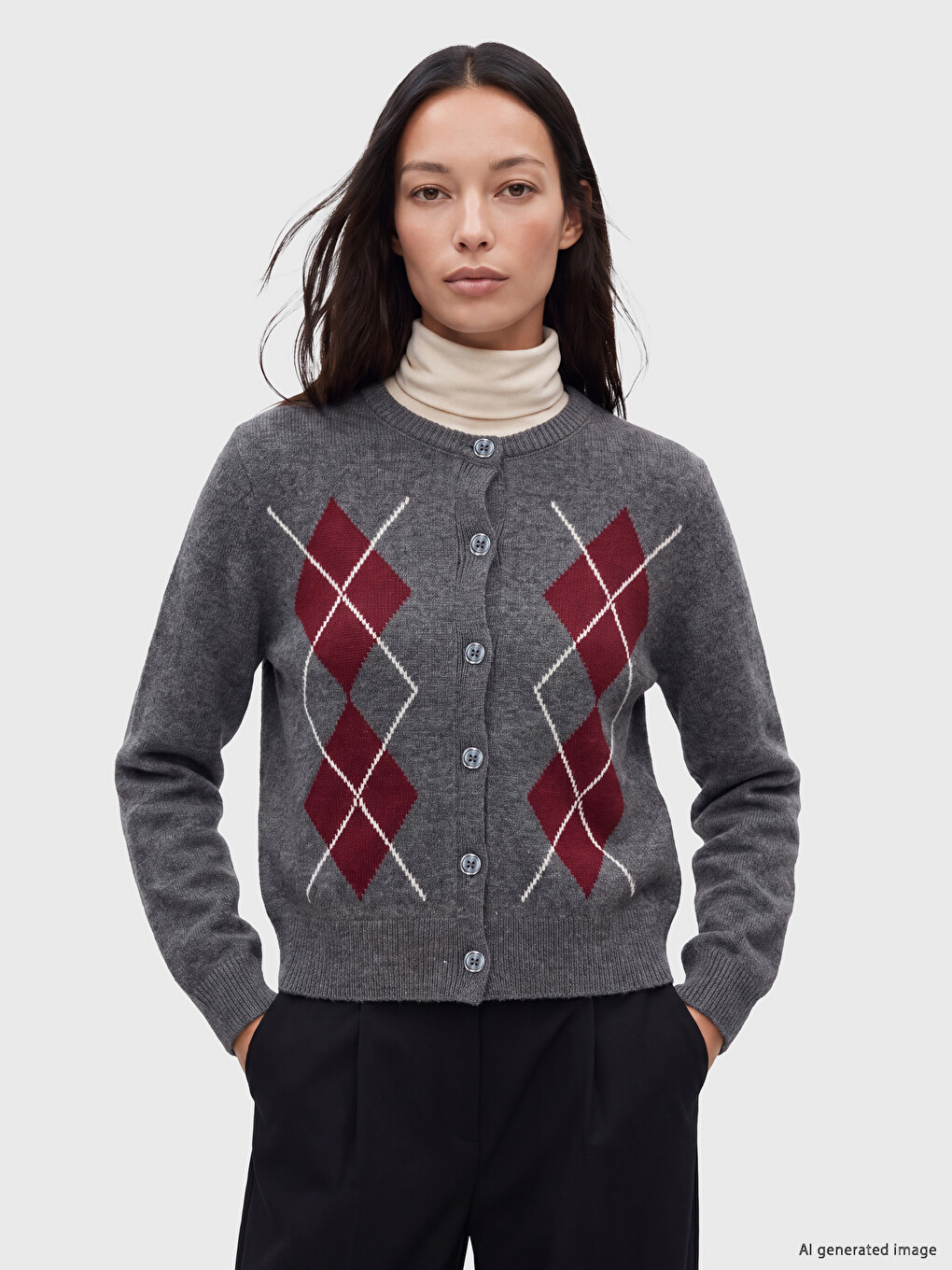 Cardigan En Maille Pour Femme À Motif Argyle À Col Rond