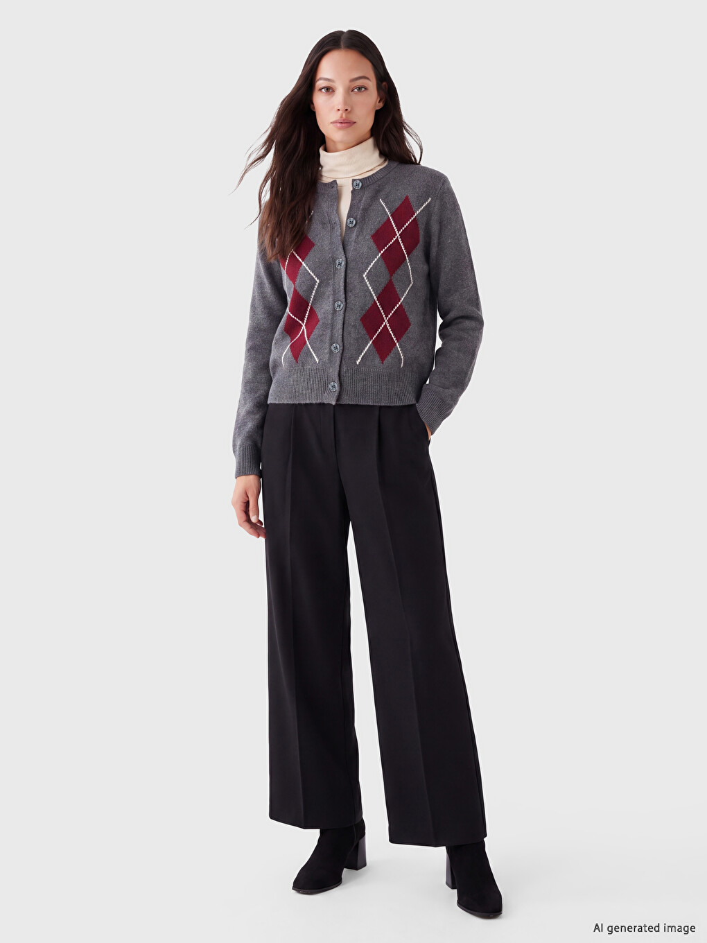 Cardigan En Maille Pour Femme À Motif Argyle À Col Rond-1