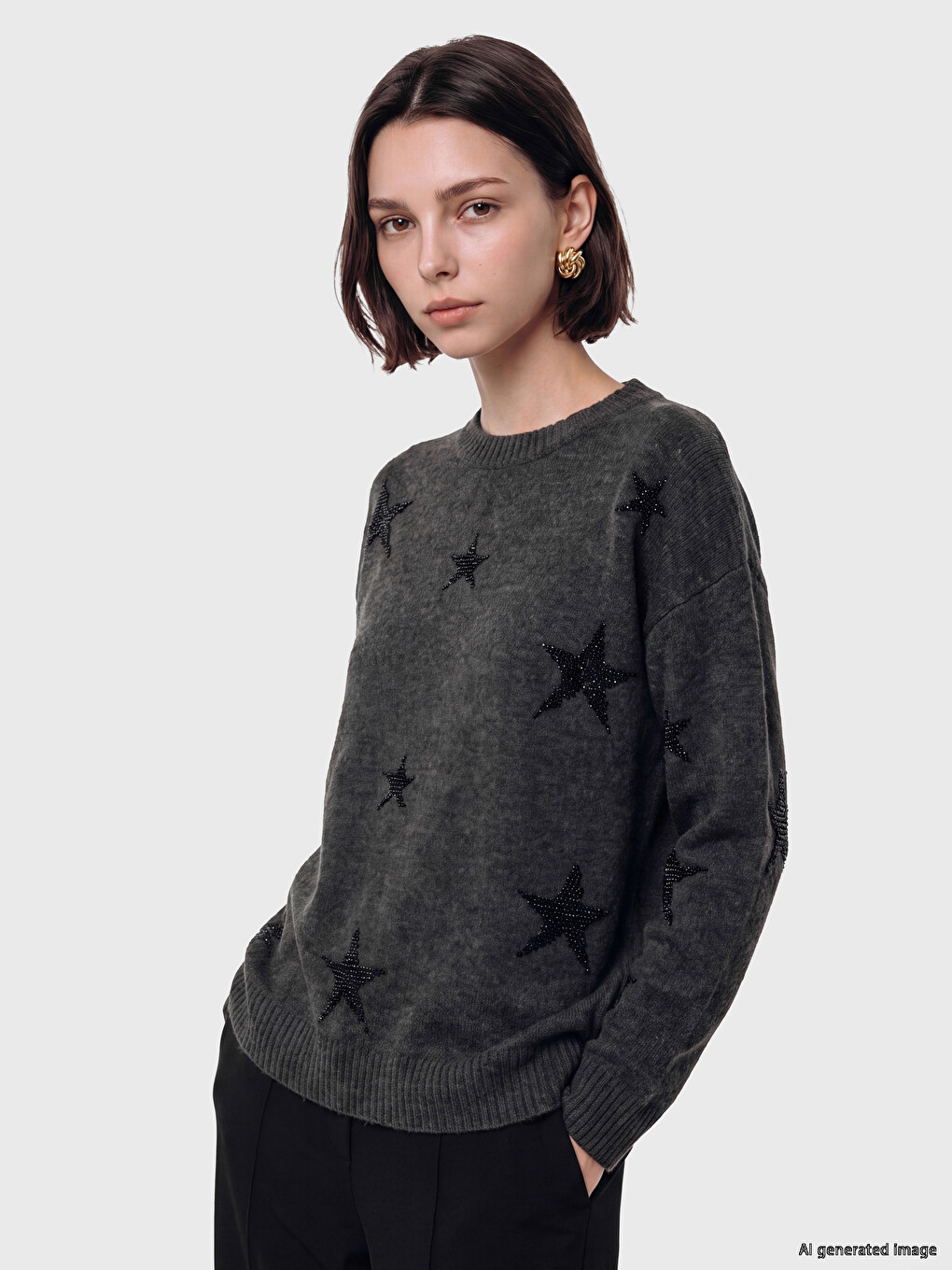Crew Neck Star Patterned Women's Knitwear Tunic