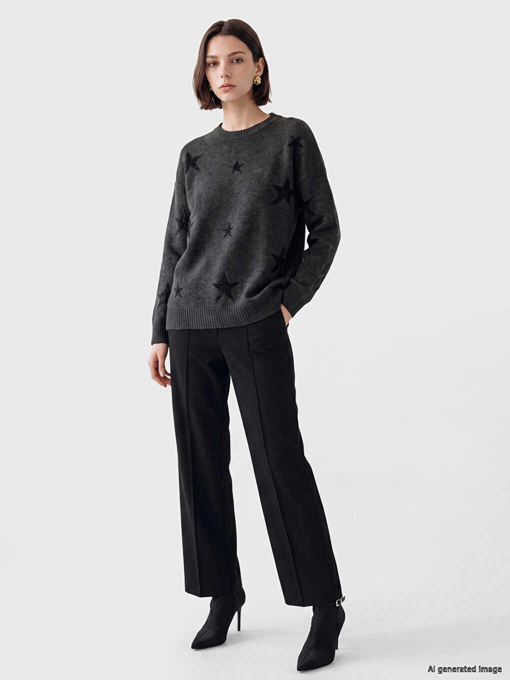 Crew Neck Star Patterned Women's Knitwear Tunic-1