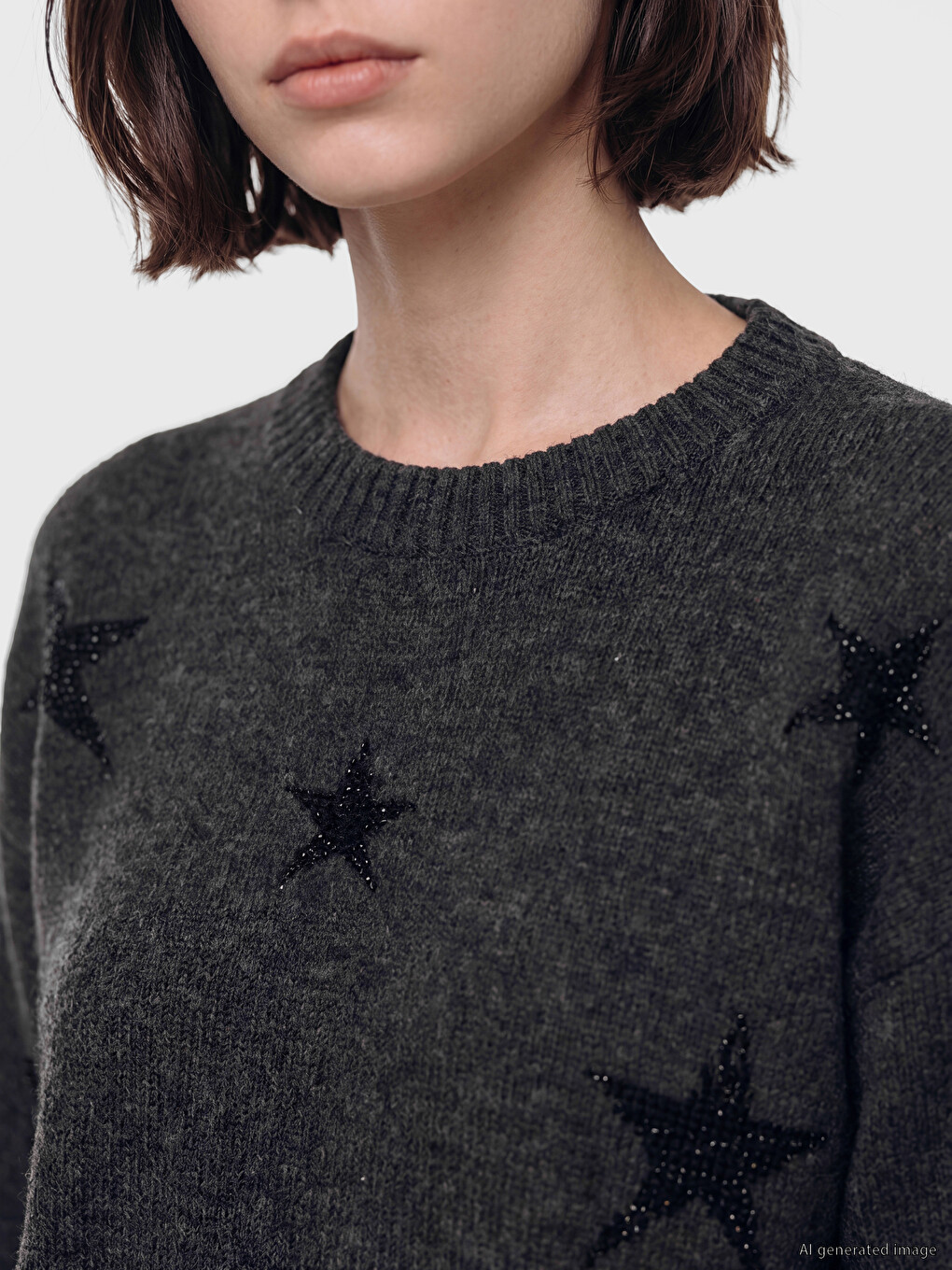 Crew Neck Star Patterned Women's Knitwear Tunic-2