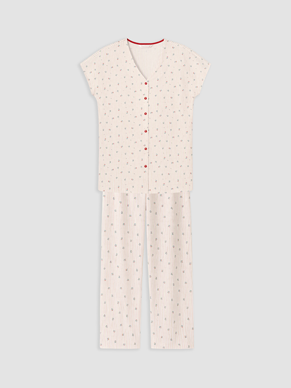 Ekru V Yaka Çiçekli Hamile Pijama Takımı