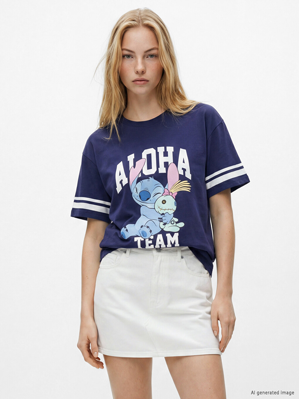 Lacivert Stitch Baskılı %100 Pamuklu Kadın Tişört