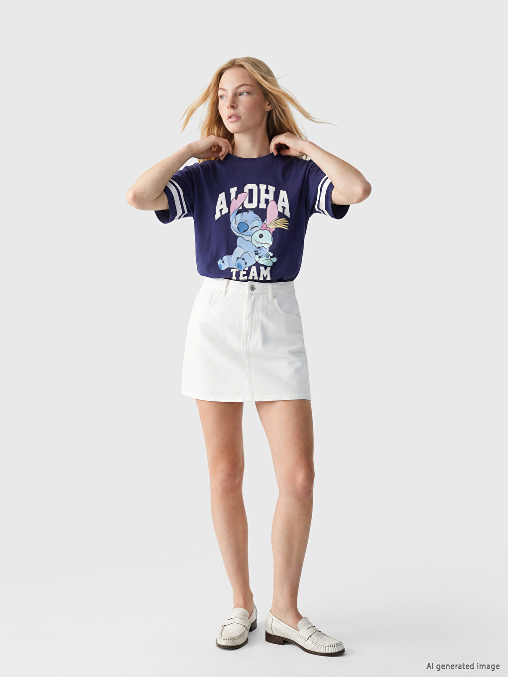 Lacivert Stitch Baskılı %100 Pamuklu Kadın Tişört-1