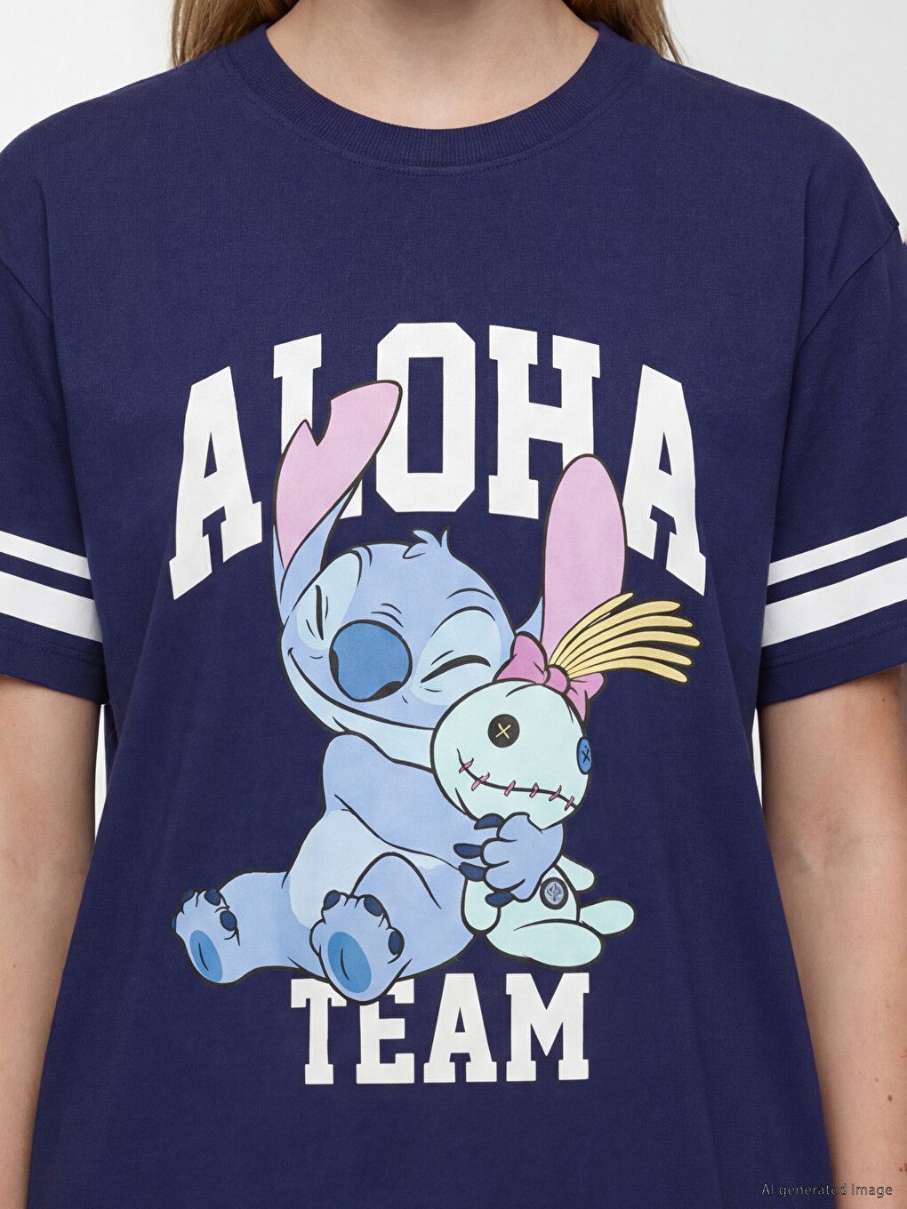 Lacivert Stitch Baskılı %100 Pamuklu Kadın Tişört-2