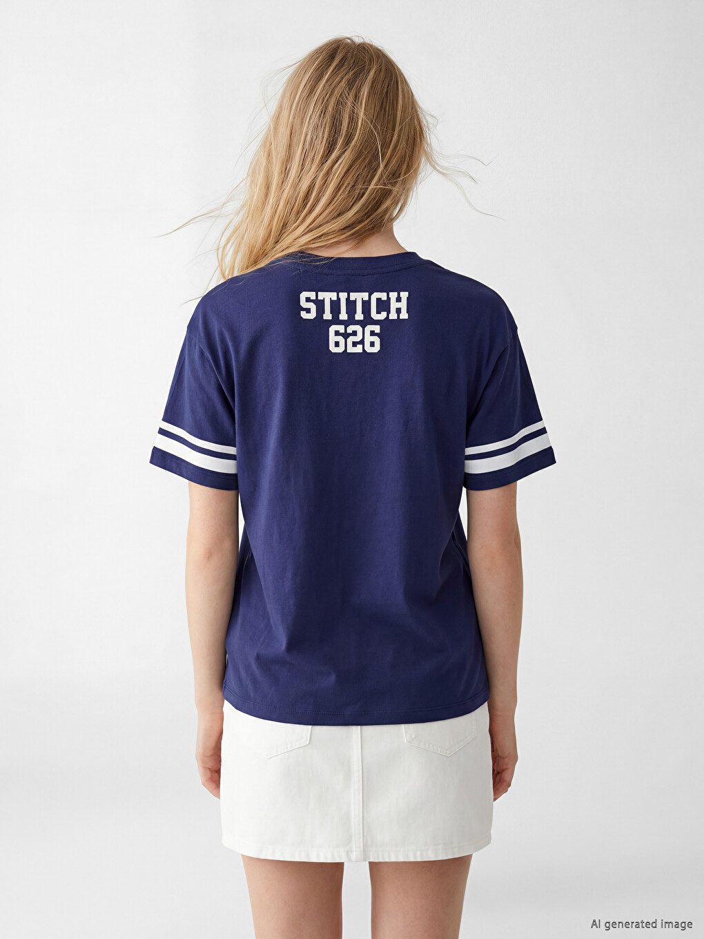 Lacivert Stitch Baskılı %100 Pamuklu Kadın Tişört-3