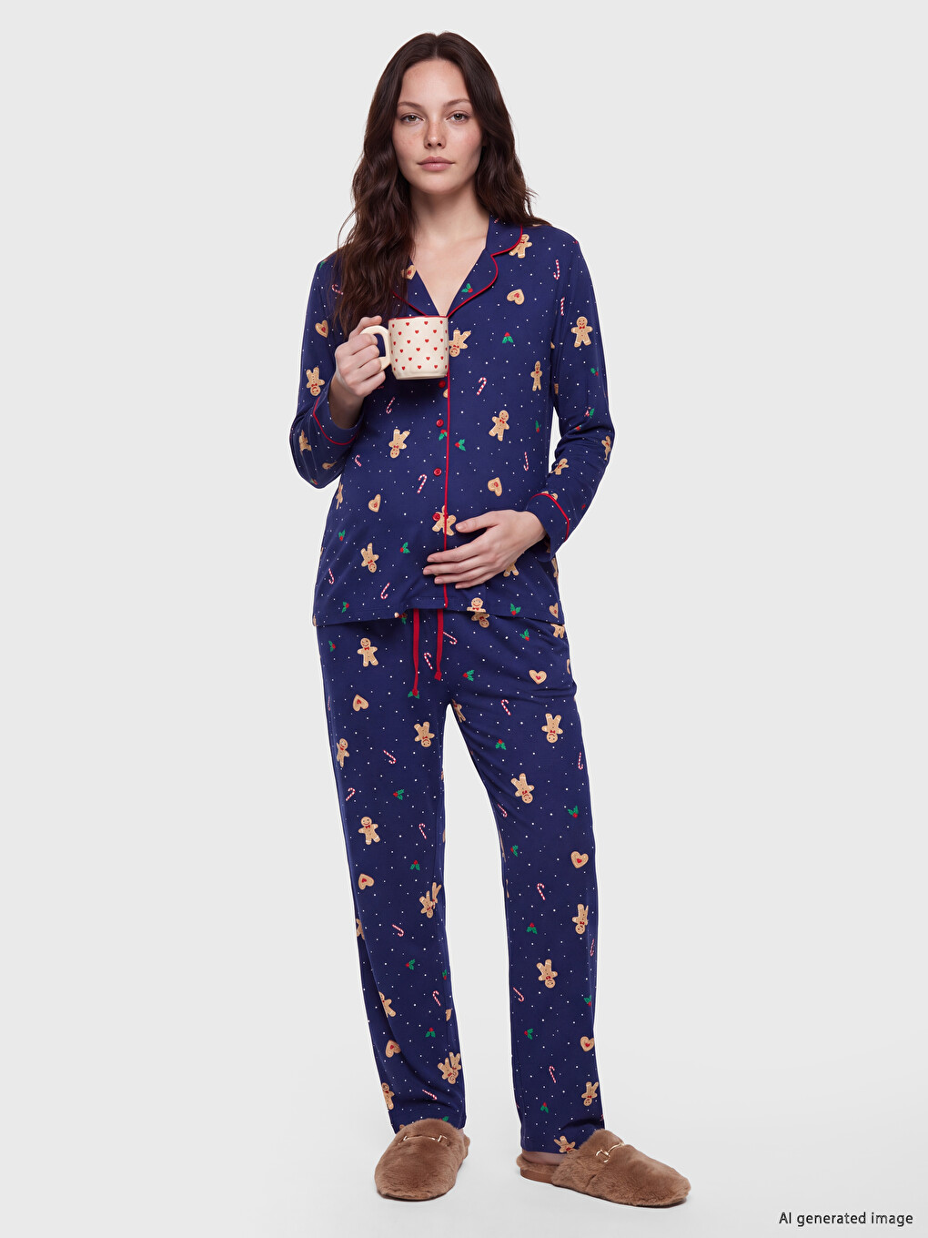 Lacivert Gömlek Yaka Desenli Kadın Pijama Takımı
