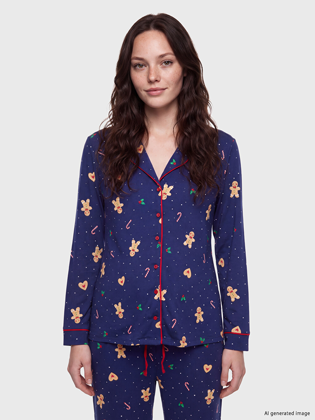 Lacivert Gömlek Yaka Desenli Kadın Pijama Takımı-1