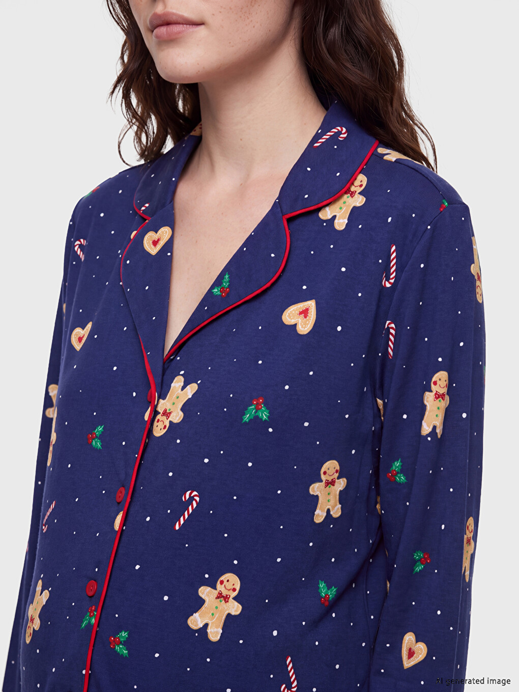 Lacivert Gömlek Yaka Desenli Kadın Pijama Takımı-2