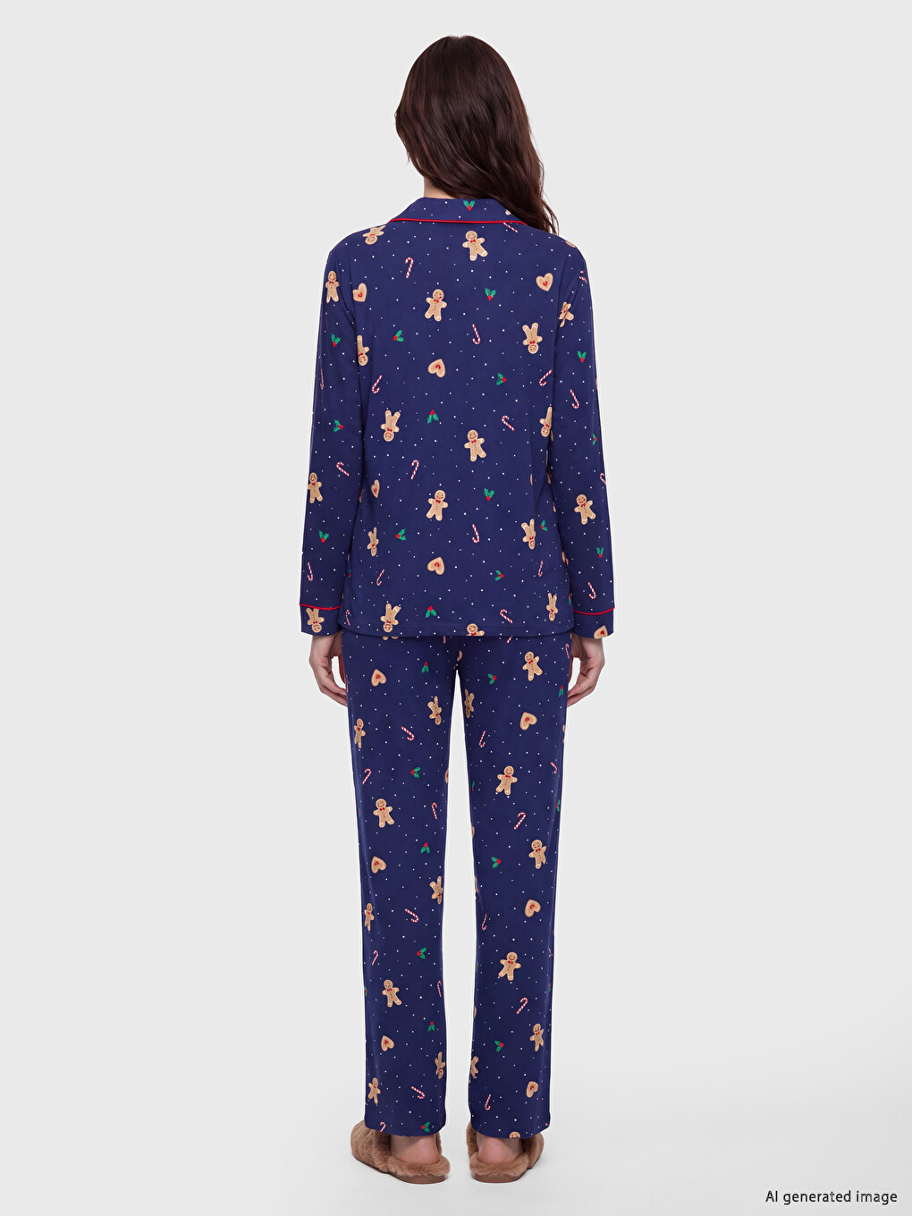 Lacivert Gömlek Yaka Desenli Kadın Pijama Takımı-3