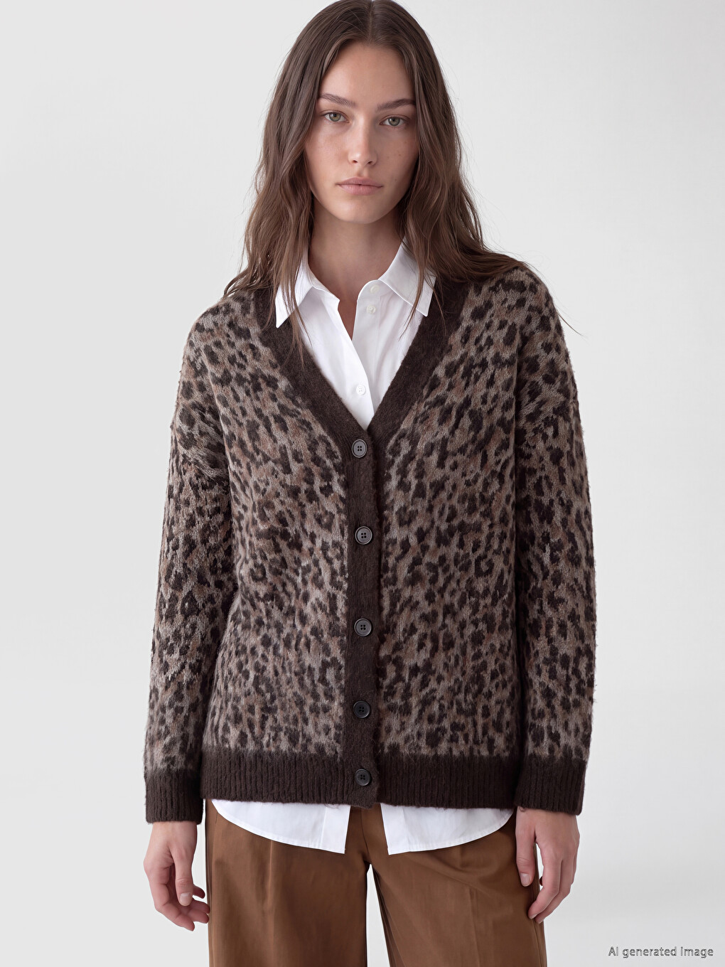 Ženski Trikot Kardigan Sa V-izrezom I Leopard Śarom