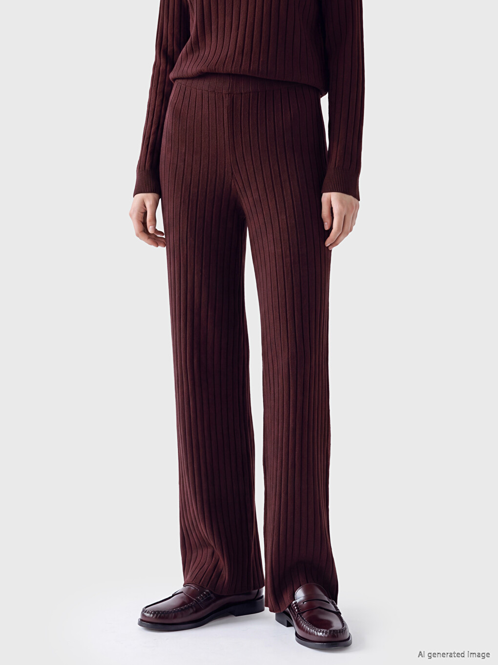 Ženske Pletene Pantalone Sa Elastičnim Strukom I Rebrastom Teksturom-1