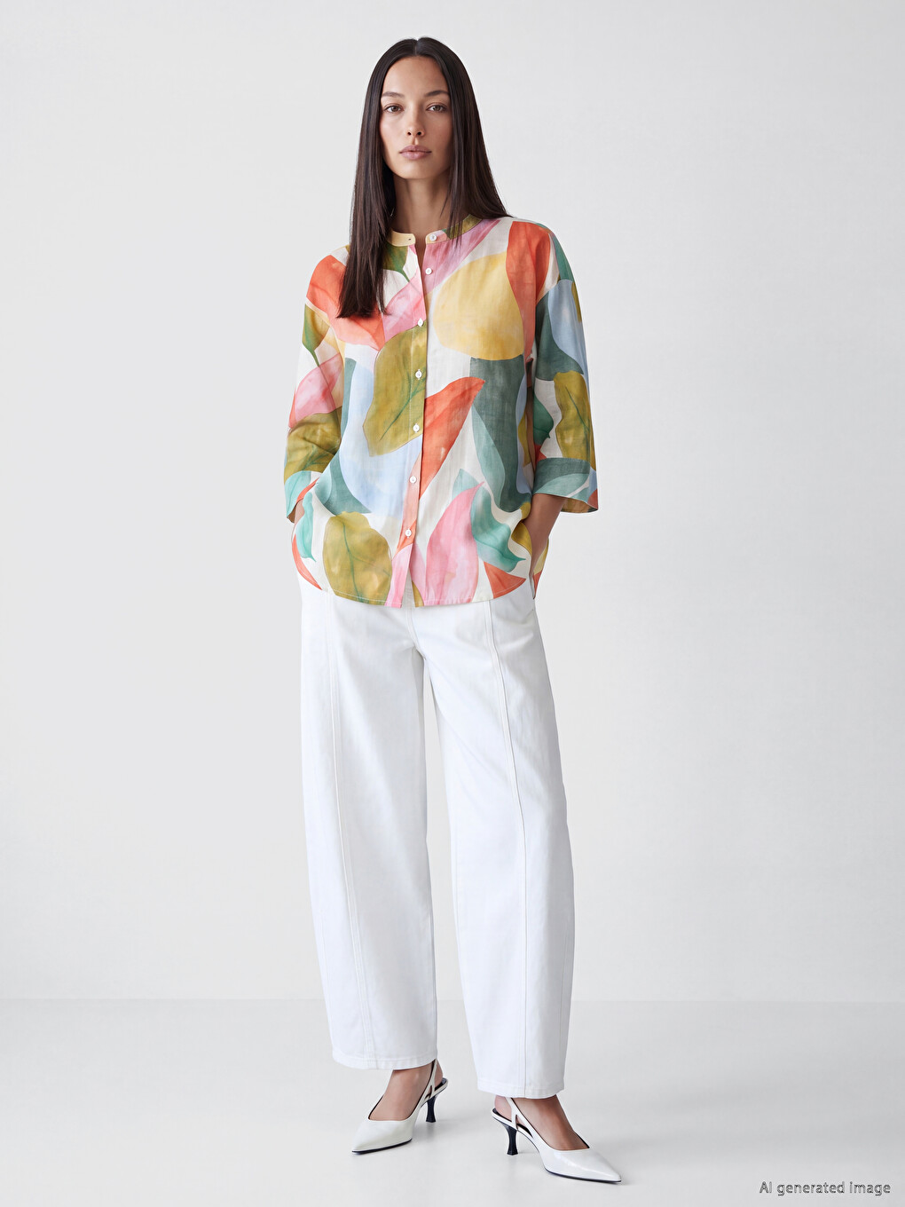 Patterned Grandad Collar Women's Shirt-1