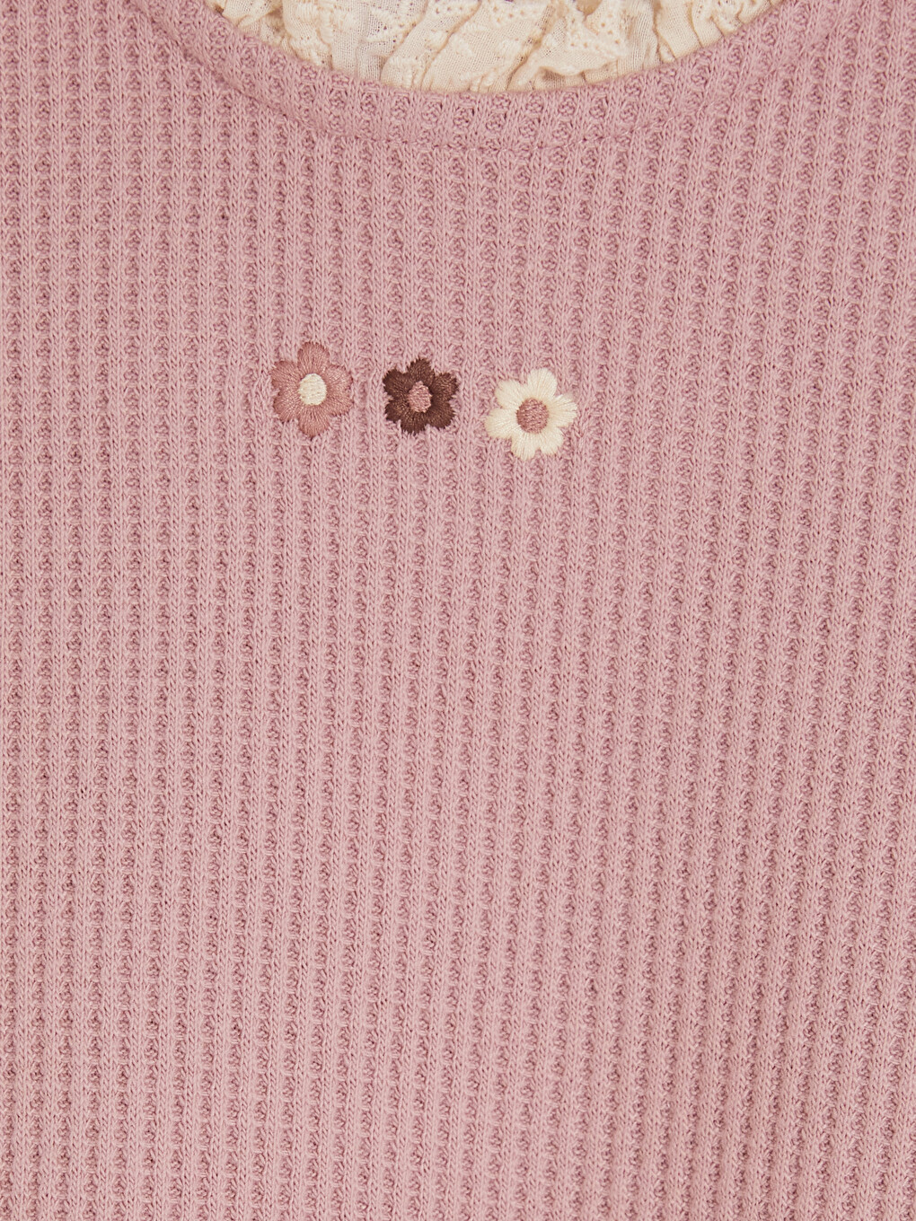 Pembe Çiçek Nakışlı Fırfırlı Kız Çocuk Tişört-1