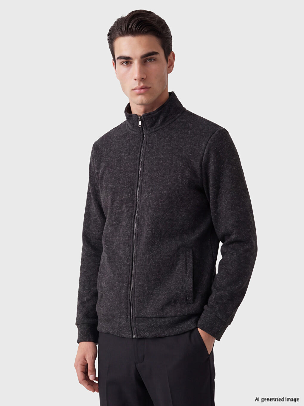 Siyah Dik Yaka Erkek Fermuarlı Sweatshirt