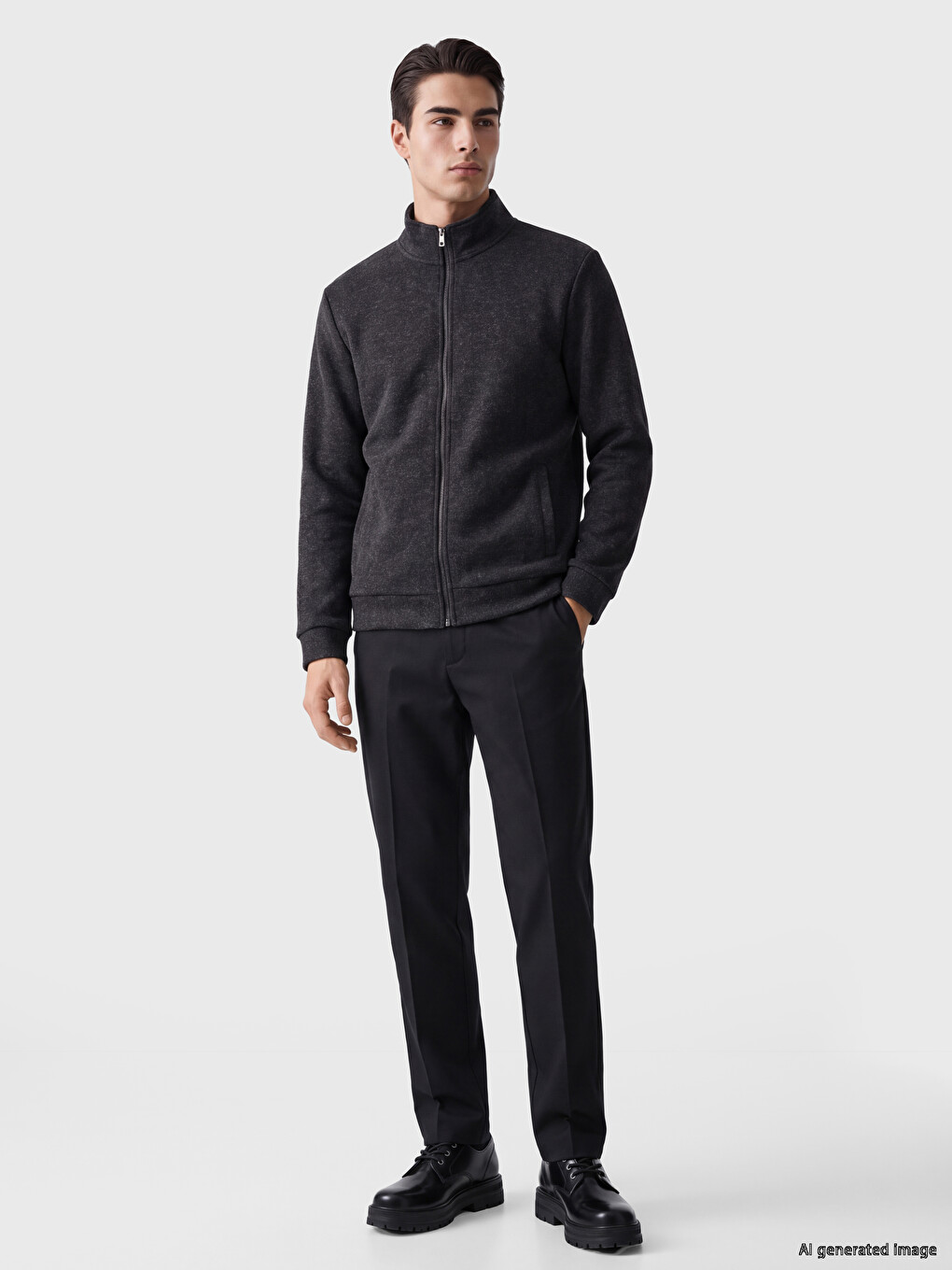 Siyah Dik Yaka Erkek Fermuarlı Sweatshirt-1