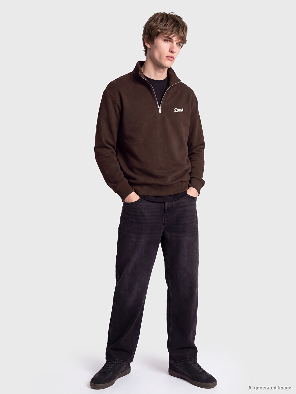 Kahverengi Dik Yaka Nakışlı Erkek Sweatshirt-1