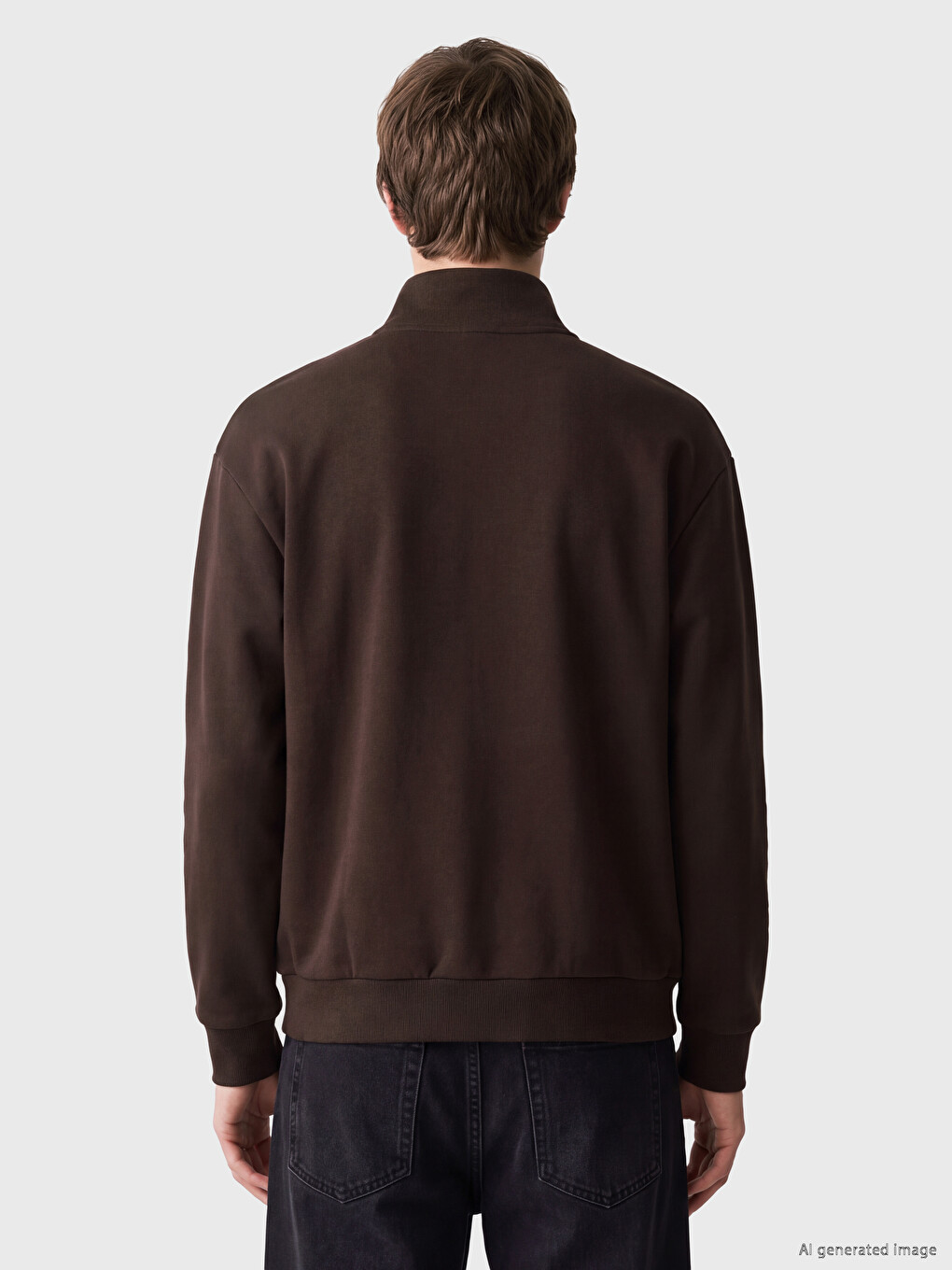 Kahverengi Dik Yaka Nakışlı Erkek Sweatshirt-3